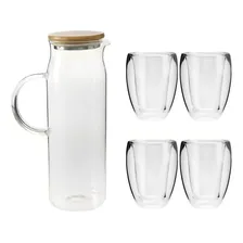 Kit Jarra Suco Tampa Bambu Vidro 1,5 L 04 Copos Parede Duplo Foto mini  3