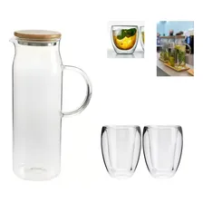 Kit Jarra Suco Tampa Bambu Vidro 1,5 L 04 Copos Parede Duplo Foto  mini 1