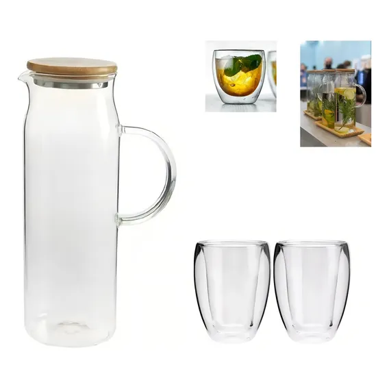 Kit Jarra Suco Tampa Bambu Vidro 1,5 L 04 Copos Parede Duplo Foto 1