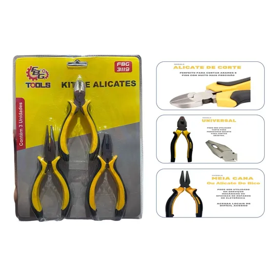 Kit Jogo 3 Alicates Universal Corte Bico Alicate Meia Cana Foto 1