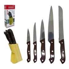 Kit Jogo Conjunto Cozinha 6 Peças: 5 Facas + Cepo De Madeira Cor Marrom-claro Foto mini 1