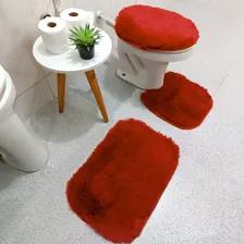 Kit Jogo De Banheiro 3 Peludo Felpudo Shaggy Luxo Cor Vermelho Foto  mini 1
