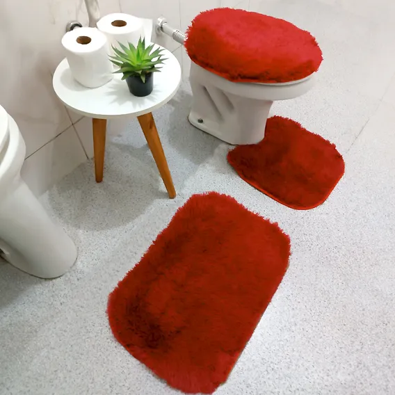Kit Jogo De Banheiro 3 Peludo Felpudo Shaggy Luxo Cor Vermelho Foto 1