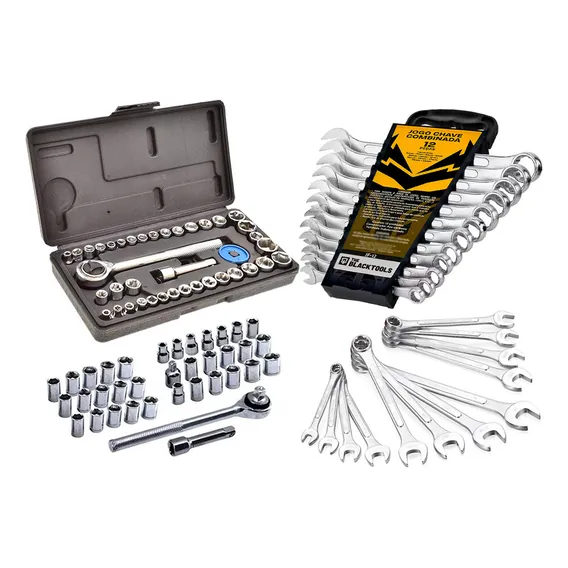 Kit Jogo Soquete E Catraca 40pç + Chave Combinada Boca 12pçs Cor Prateado Foto 1