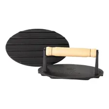 Kit Lanche Peso Prensa Modelador Hamburguer Espátula Curva Cor Cromado Foto mini 4