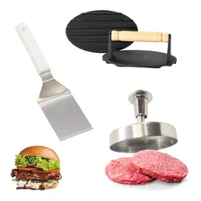 Kit Lanche Peso Prensa Modelador Hamburguer Espátula Curva Cor Cromado Foto mini 1