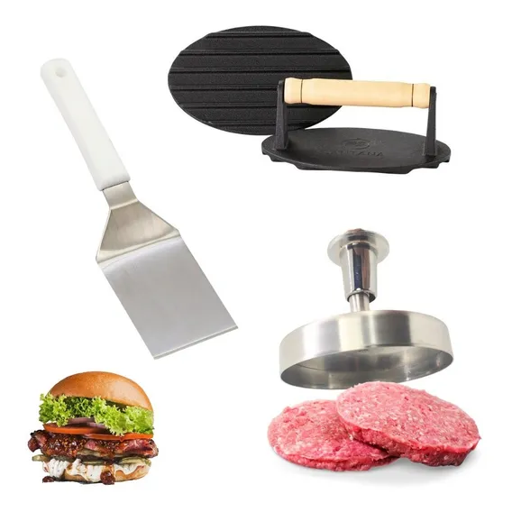 Kit Lanche Peso Prensa Modelador Hamburguer Espátula Curva Cor Cromado Foto 1