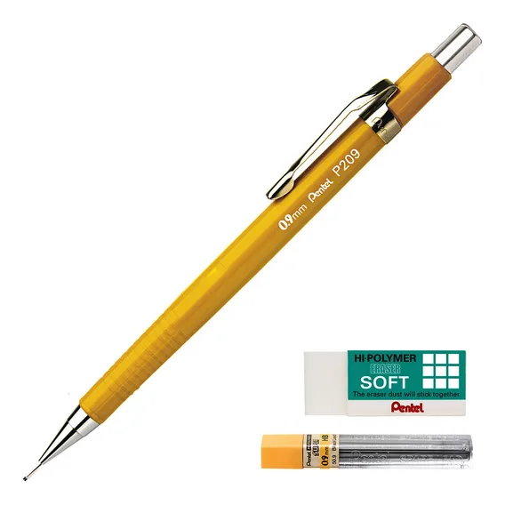 Kit Lapiseira Pentel P209 0.9mm Amarela Grafite Borracha Foto 1