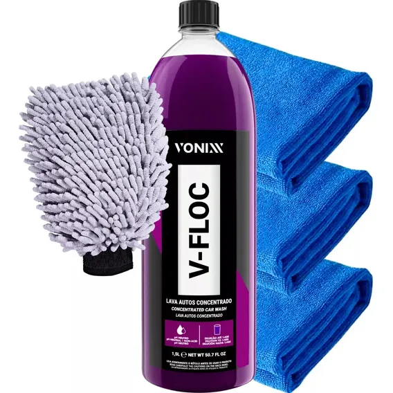 Kit Lava Automotiva Shampoo Vfloc Luva + 3 Pano Microfibra Foto 1