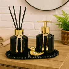 Kit Lavabo Banheiro Luxo Difusor Aromatizador De Ambiente Com Bandeja E Sabonete Líquido Preto Foto  mini 1