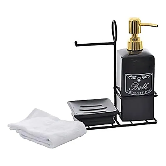 Kit Lavabo Banheiro Porcelana Com Suporte E Toalha Preto Foto 1