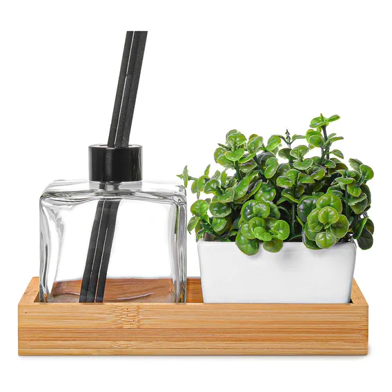 Kit Lavabo Com Bandeja De Bambu Kit Banheiro Aromatizador Cor Flint Foto 1