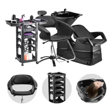 Kit Lavat贸rio De Cabelo Reclin谩vel + Cadeira Primma Com Apoio De Cabe莽a + Carrinho Auxiliar Com Gavetas Dompel M贸veis Sal茫o De Beleza Barbearia Foto mini 1