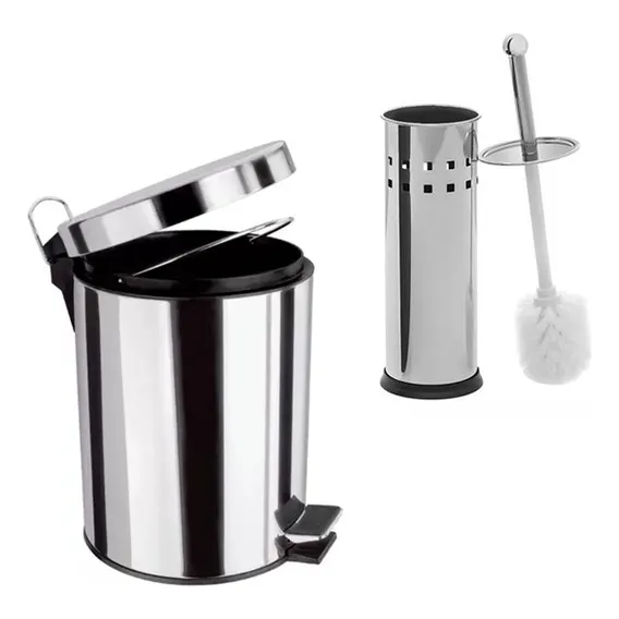 Kit Lixeira Inox 3l Redonda C/ Pedal + Escova Sanitária Foto 1