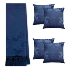 Kit Manta Xale De Sofá 1,40 X 1,80 Com 4 Almofadas Cheias Cor 131 Azul Marinho Desenho Jacquard Foto mini 1