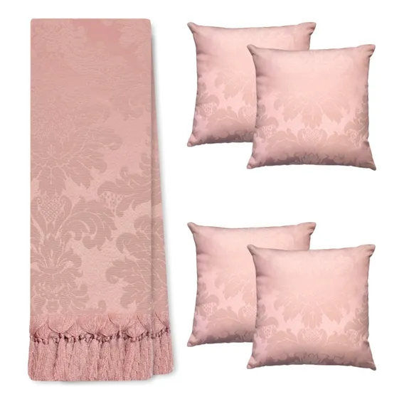 Kit Manta Xale De SofĂĄ 1,40 X 1,80 Com 4 Almofadas Cheias Cor 147 RosĂȘ Desenho Jacquard Foto 1