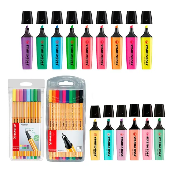 Kit Marca Texto E Caneta Stabilo Cores Neon Pastel Foto 1
