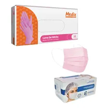 Kit Máscara Rosa Caixa C/ 50 + Luva Rosa Nitrilica C/ 100 Un Tamanho P Foto  mini 1