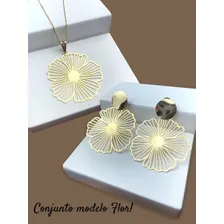 Kit Maxi Brinco Colar Pingente Flor Banhado Ouro Estilo Luxo Foto mini  3
