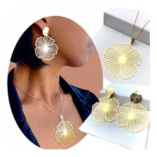 Kit Maxi Brinco Colar Pingente Flor Banhado Ouro Estilo Luxo Foto  mini 1