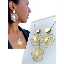 Kit Maxi Brinco Colar Pingente Flor Banhado Ouro Estilo Luxo Foto mini  2