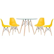 Kit Mesa Eames Wood 100 Cm Tampo Vidro 4 Cadeiras Eiffel Tampa Amarelo Foto  mini 1