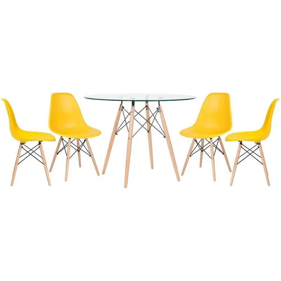 Kit Mesa Eames Wood 100 Cm Tampo Vidro 4 Cadeiras Eiffel Tampa Amarelo Foto 1