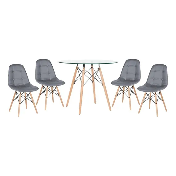 Kit Mesa Eames Wood 90 Cm Tampo Vidro 4 Cadeiras Botonê Tampa Cadeiras cinza escuro Foto 1