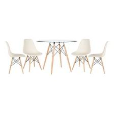 Kit Mesa Jantar Eames 100 Cm Tampo Vidro 4 Cadeiras Eifel Cor Da Tampa Creme Foto  mini 1