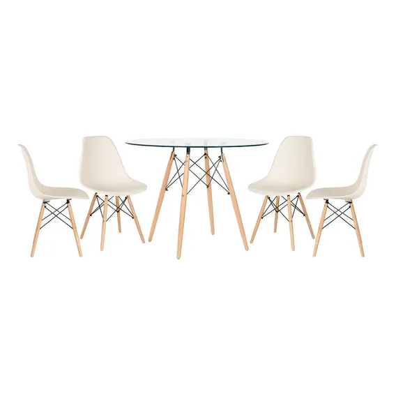 Kit Mesa Jantar Eames 100 Cm Tampo Vidro 4 Cadeiras Eifel Cor Da Tampa Creme Foto 1