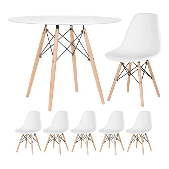 Kit Mesa Jantar Eames Wood 100 Cm 5 Cadeiras Eiffel Cores Tampa Mesa branco com cadeiras branco Foto 1