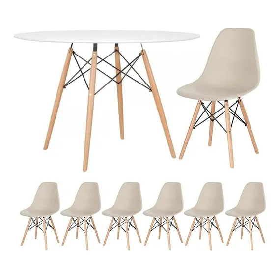 Kit Mesa Jantar Eames Wood 120 Cm 6 Cadeiras Eiffel Cores Tampa Mesa branco com cadeiras nude Foto 1