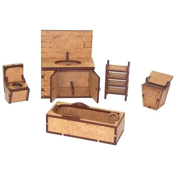 Kit Miniatura Banheiro 5 Peças Pia Vaso Banheira Cesto Mdf Foto 1