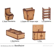 Kit Miniatura Banheiro 5 Peças Pia Vaso Banheira Cesto Mdf Foto mini 2