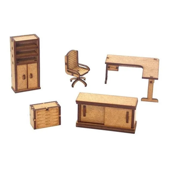 Kit Miniatura Escritório 5 Peças Mesa Cadeira Armário Mdf Foto 1