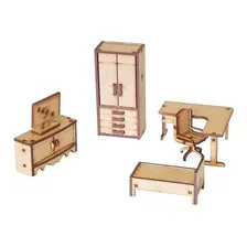 Kit Miniatura Quarto Solteiro 6 Pe莽as Escrit贸rio Cama Mdf Foto mini 1