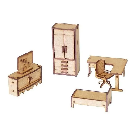 Kit Miniatura Quarto Solteiro 6 Pe莽as Escrit贸rio Cama Mdf Foto 1