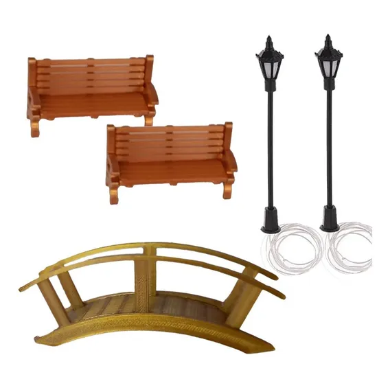 Kit Miniaturas 2 Banco/2 Poste/1 Ponte - Maquetes E Terrário Foto 1