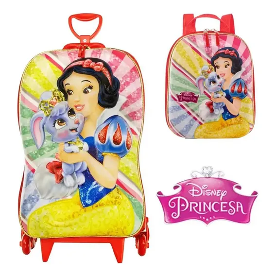 Kit Mochila Branca De Neve Lancheira Escolar 3d Rodinhas Maxtoy Foto 1