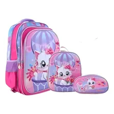 Kit Mochila Costas 3d Lancheira Estojo Gatinha Escolar Foto mini 1