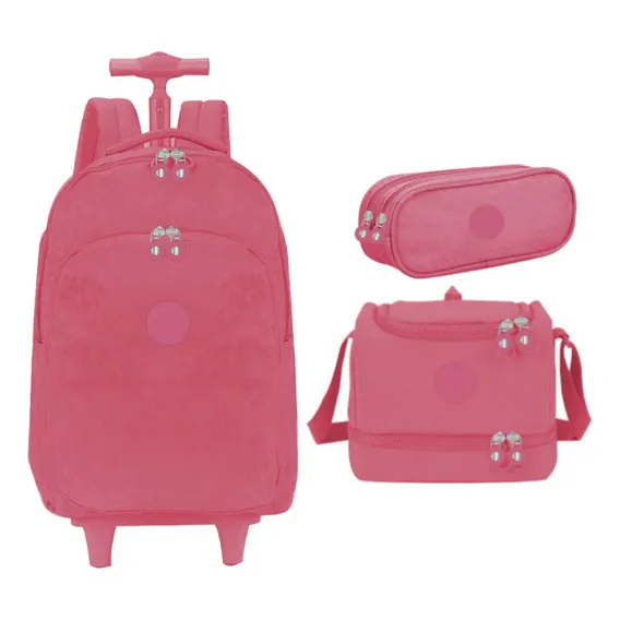 Kit Mochila De Rodinha Lancheira Estojo Nylon Yins Ys41052 Cor Rosa Desenho Do Tecido Lisa Foto 1