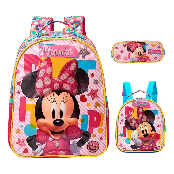 Kit Mochila Infantil Costas Minnie Lancheira Estojo Grande Foto 1