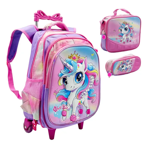 Kit Mochila Infantil Rodinhas Escolar 3d - Unicórnio Foto 1