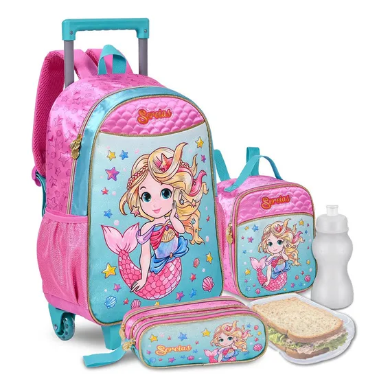 Kit Mochila Lancheira Estojo Sereias Carrinho Rodinha Foto 1