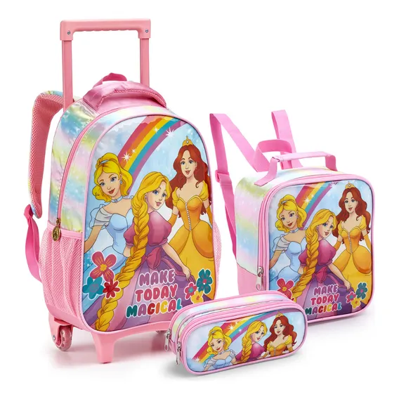 Kit Mochila Rodinha Escolar Espaçosa Meninas Princesas Foto 1