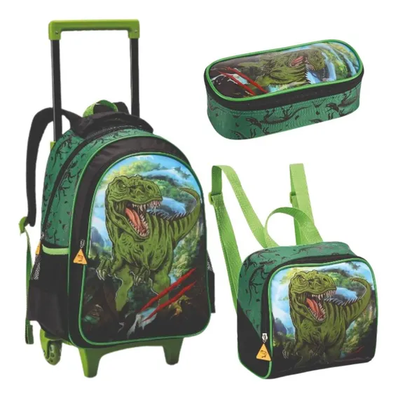 Kit Mochila Rodinhas Lancheira Estojo Menino Dinossauro Foto 1
