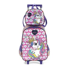Kit Mochila Rodinhas Lancheira Luxcel Up4you Unicórnio Roxo Foto  mini 1