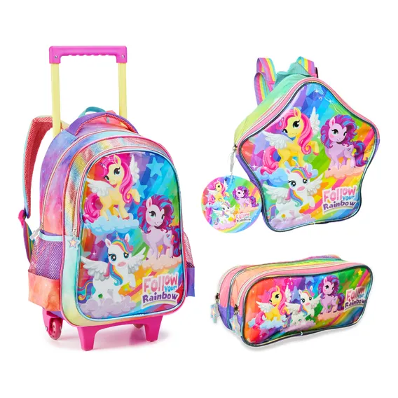 Kit Mochila Rodinhas Unicornio Meninas Escolar Volta As Aula Cor Rosa Foto 1