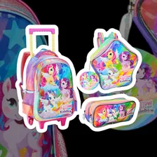 Kit Mochila Rodinhas Unicornio Meninas Escolar Volta As Aula Cor Rosa Foto mini 4