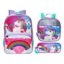 Kit Mochila Unicórnio 3d Feminina Escolar Costas Lancheira Foto mini  2